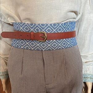 Brown Leather Belt with Blue Patterned Fabric